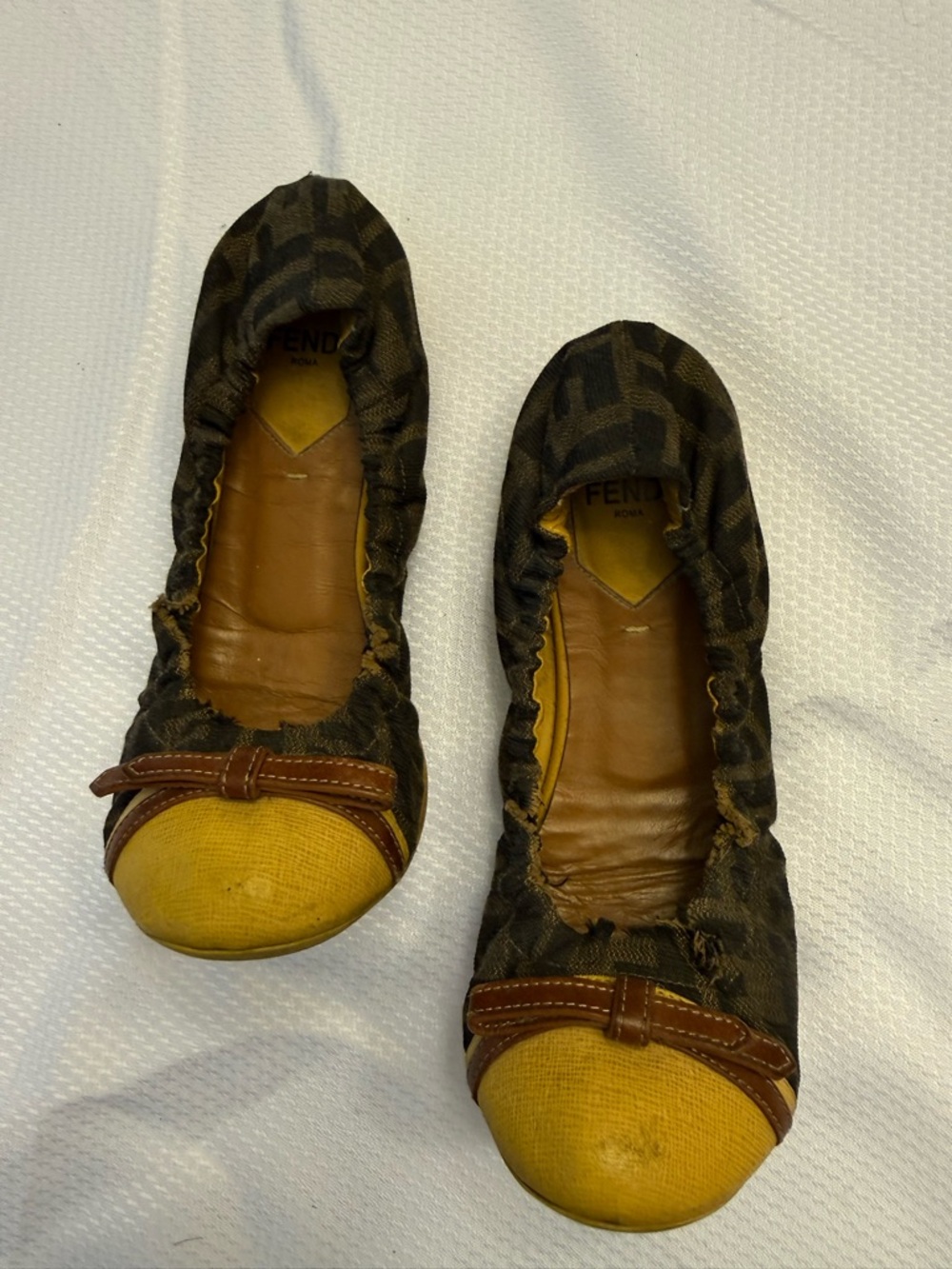 Fendi Yellow & Brown FF Logo Ballet Flats